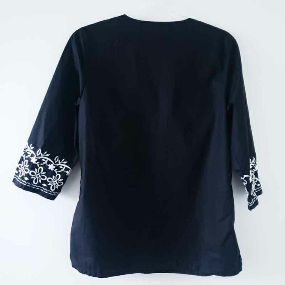 Appleseed's Black Tunic White Embroidery PS Petite, Cotton, 3/4 Sleeves, Neutral - Picture 4 of 4
